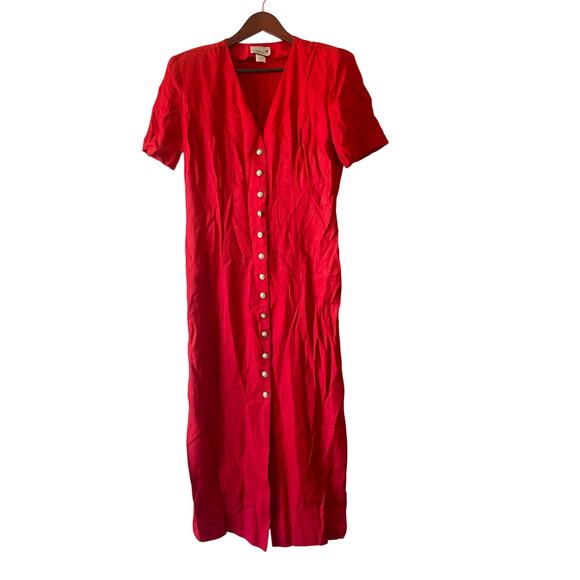 Vintage Scarlett red ribbon detail with pearl button midi dress size large - Picture 1 of 8